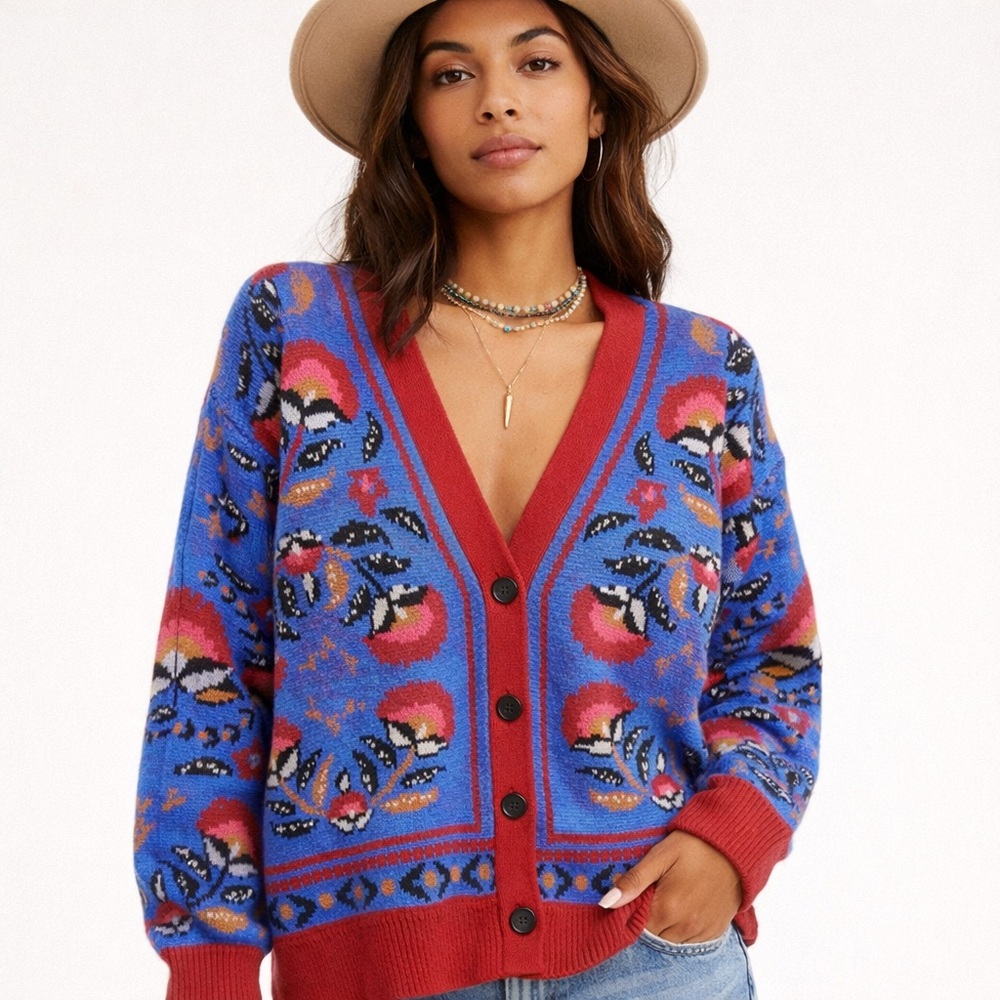 Farm Rio Tropical Floral Knit Cardigan OVERSIZED Cozy Statement Sweater XXS